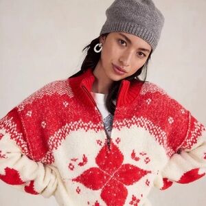 FP Movement by Free People Red and Cream Mythical Knit Zip Sweater NWT